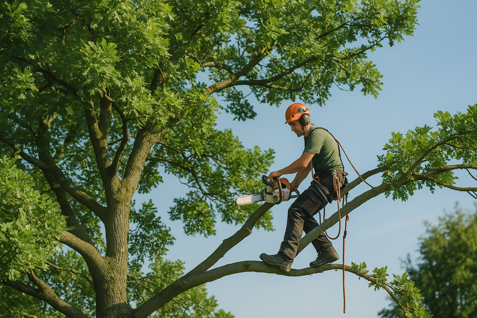 Élagage d'arbres avec harnais